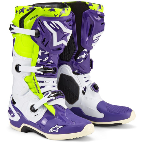 Boty TECH 10 limitovaná edice DIRT STUDIOS, ALPINESTARS (bílá/fialová/žlutá fluo) 2025